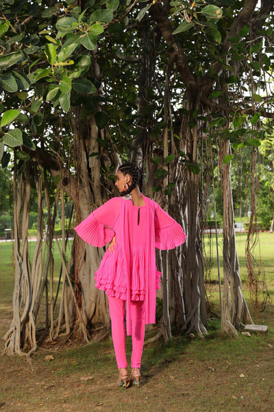 Nikasha Pink Tiered Kurta With Churidar And Dupatta pink festive indian designer wear online shopping melange singapore