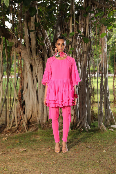 Nikasha Pink Tiered Kurta With Churidar And Dupatta pink festive indian designer wear online shopping melange singapore