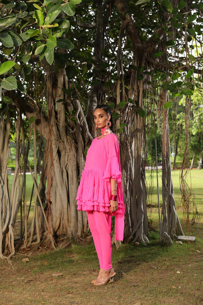 Nikasha Pink Tiered Kurta With Churidar And Dupatta pink festive indian designer wear online shopping melange singapore