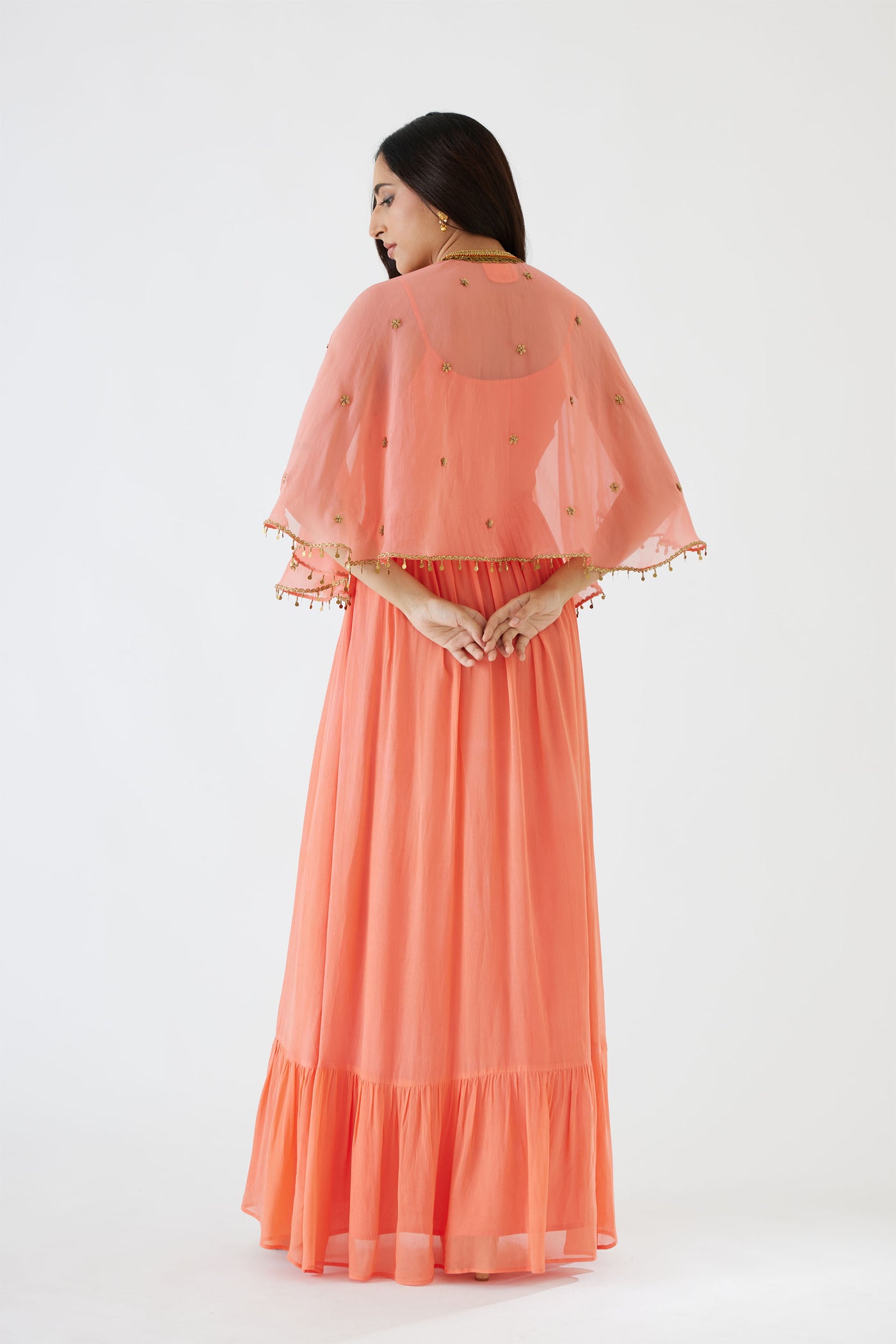Nikasha Light Peach Dress And Embroidered Cape peach festive indian designer wear online shopping melange singapore