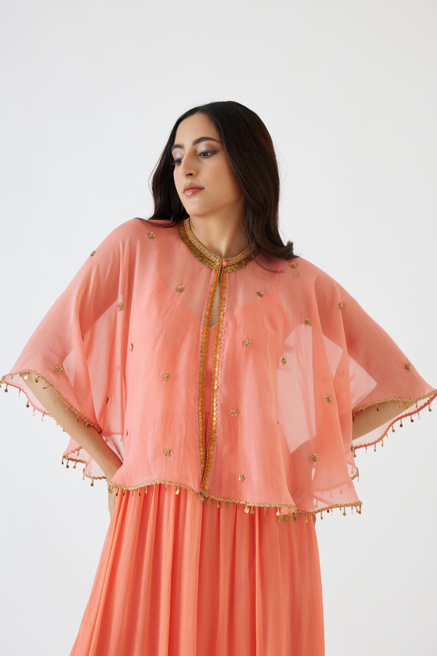 Nikasha Light Peach Dress And Embroidered Cape peach festive indian designer wear online shopping melange singapore