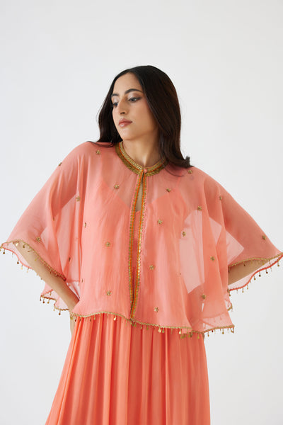 Nikasha Light Peach Dress And Embroidered Cape peach festive indian designer wear online shopping melange singapore