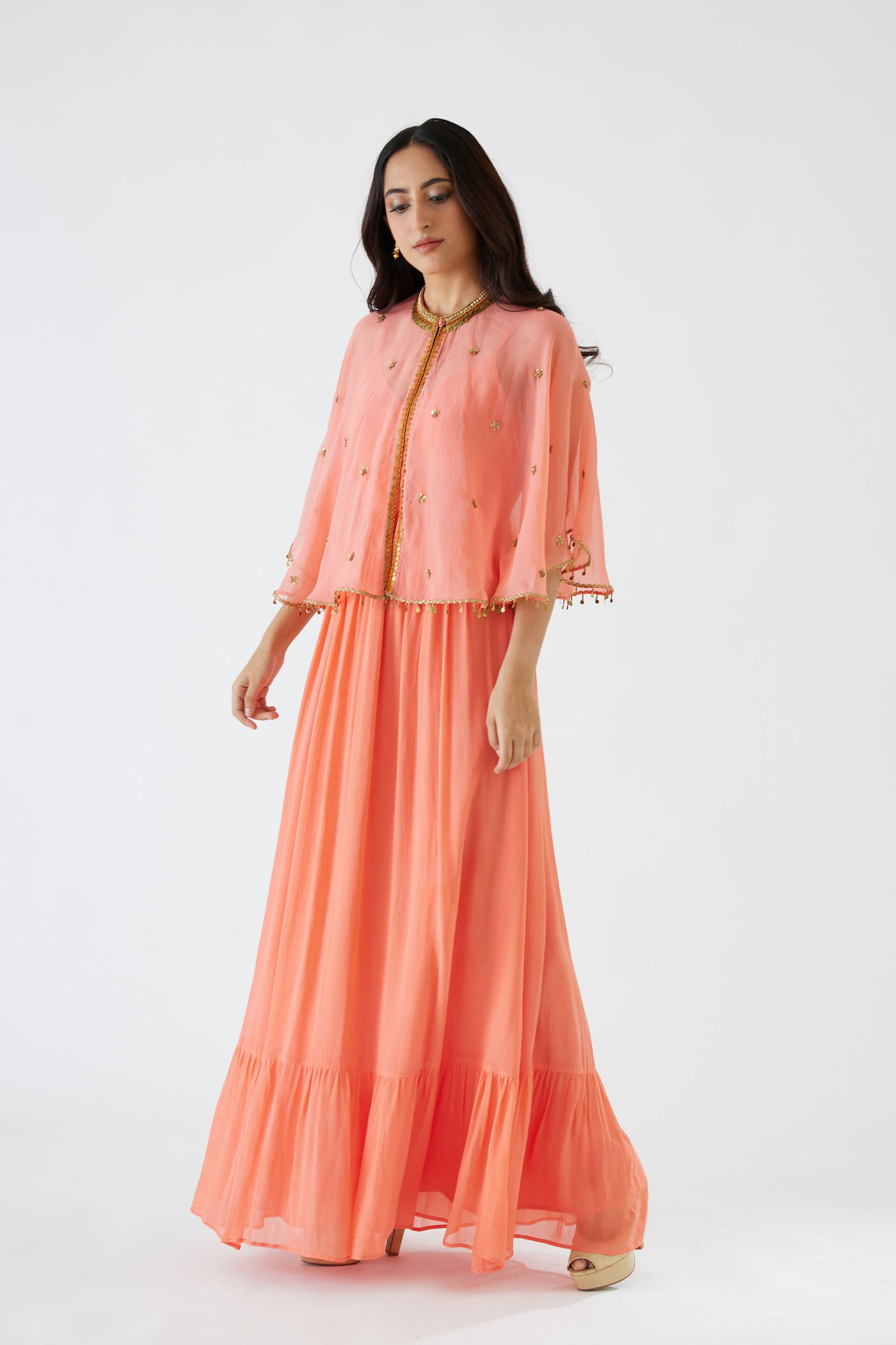 Nikasha Light Peach Dress And Embroidered Cape peach festive indian designer wear online shopping melange singapore