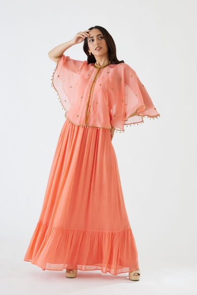 Nikasha Light Peach Dress And Embroidered Cape peach festive indian designer wear online shopping melange singapore