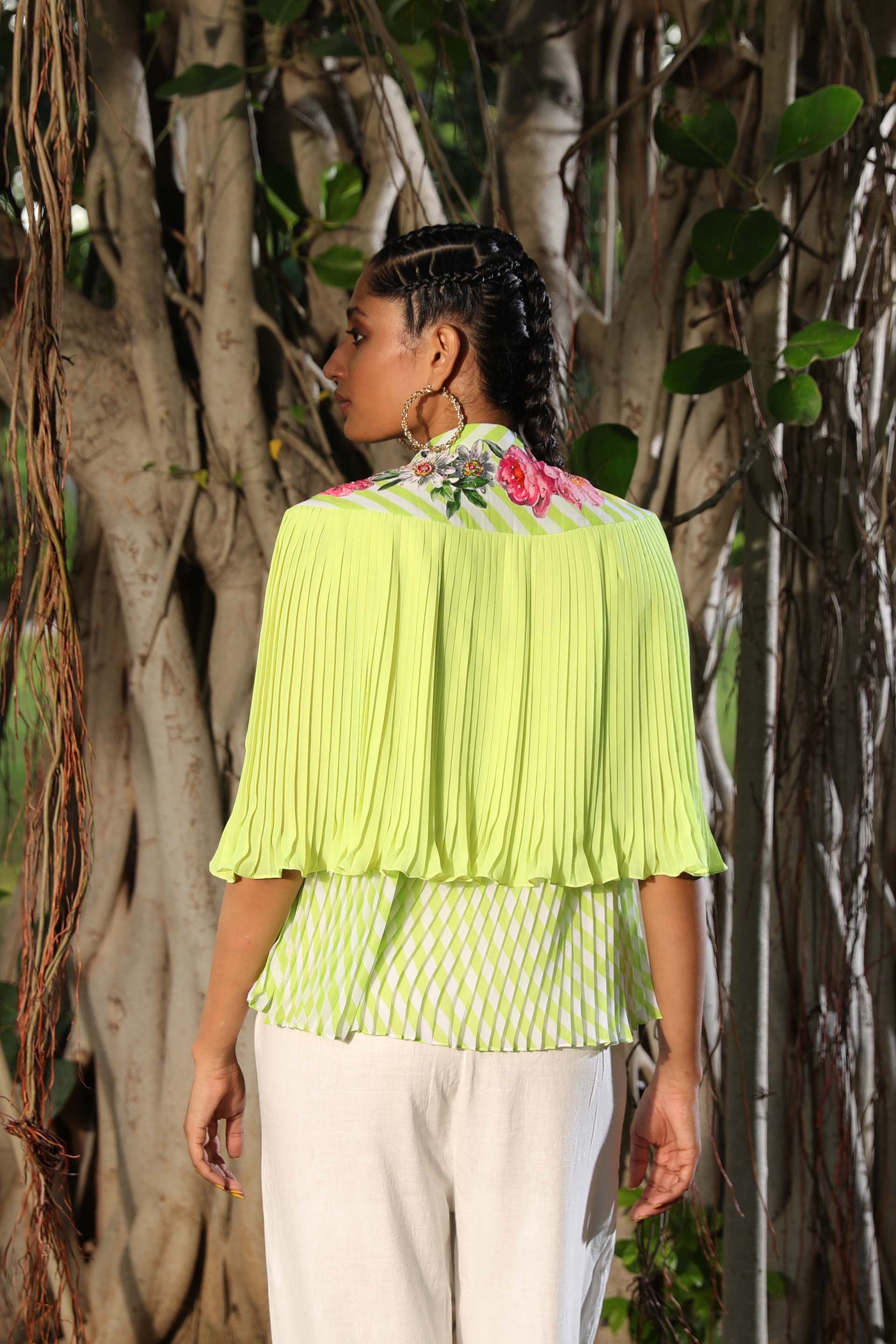 Nikasha Lime Pleated Floral Cape With Lehariya Top casual indian designer wear online shopping melange singapore