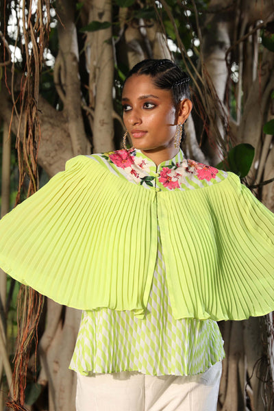 Nikasha Lime Pleated Floral Cape With Lehariya Top casual indian designer wear online shopping melange singapore