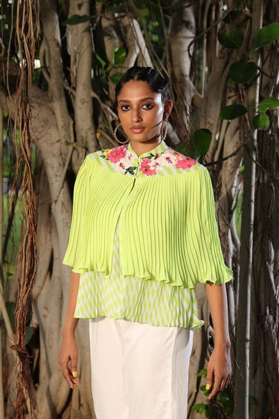 Nikasha Lime Pleated Floral Cape With Lehariya Top casual indian designer wear online shopping melange singapore