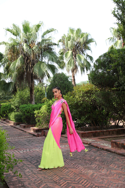 Nikasha Lime Pre-Pleated Saree With Unstitched Blouse Fabric festive indian designer wear online shopping melange singapore