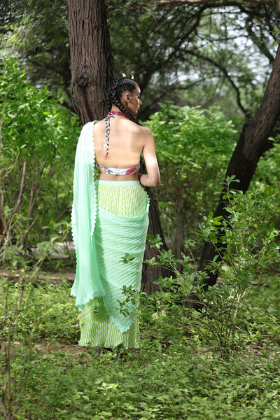 Lime Pre-Pleated Saree With Printed Unstitched Blouse Fabric