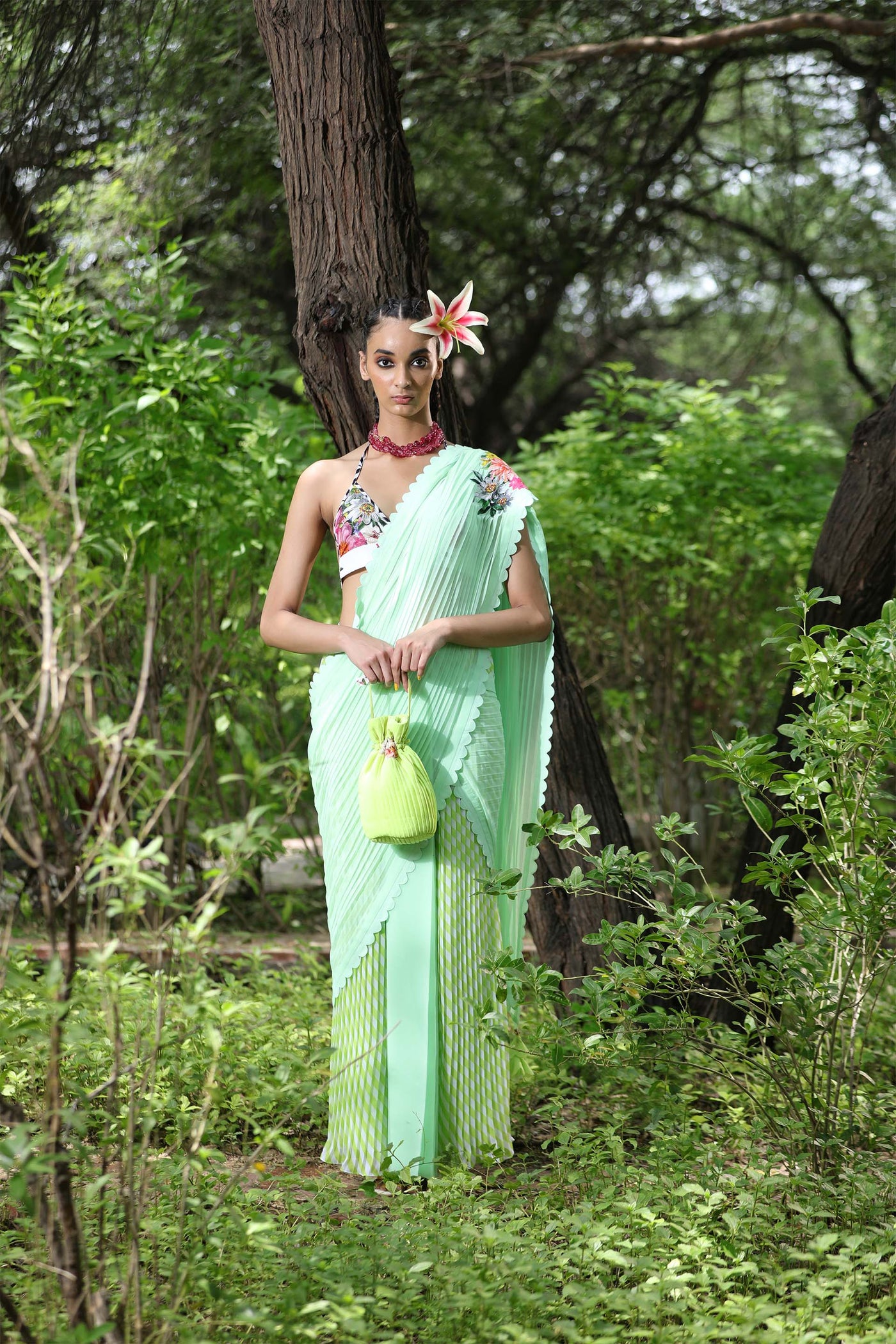 Lime Pre-Pleated Saree With Printed Unstitched Blouse Fabric