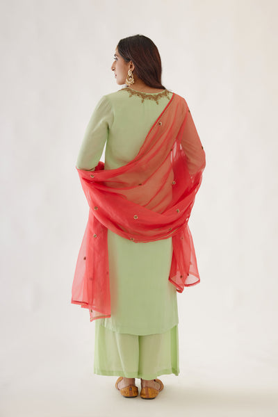 Nikasha Mint Green And Coral Embroidered Kurta Set mint green and red festive indian designer wear online shopping melange singapore