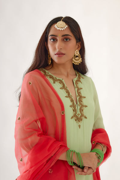 Nikasha Mint Green And Coral Embroidered Kurta Set mint green and red festive indian designer wear online shopping melange singapore