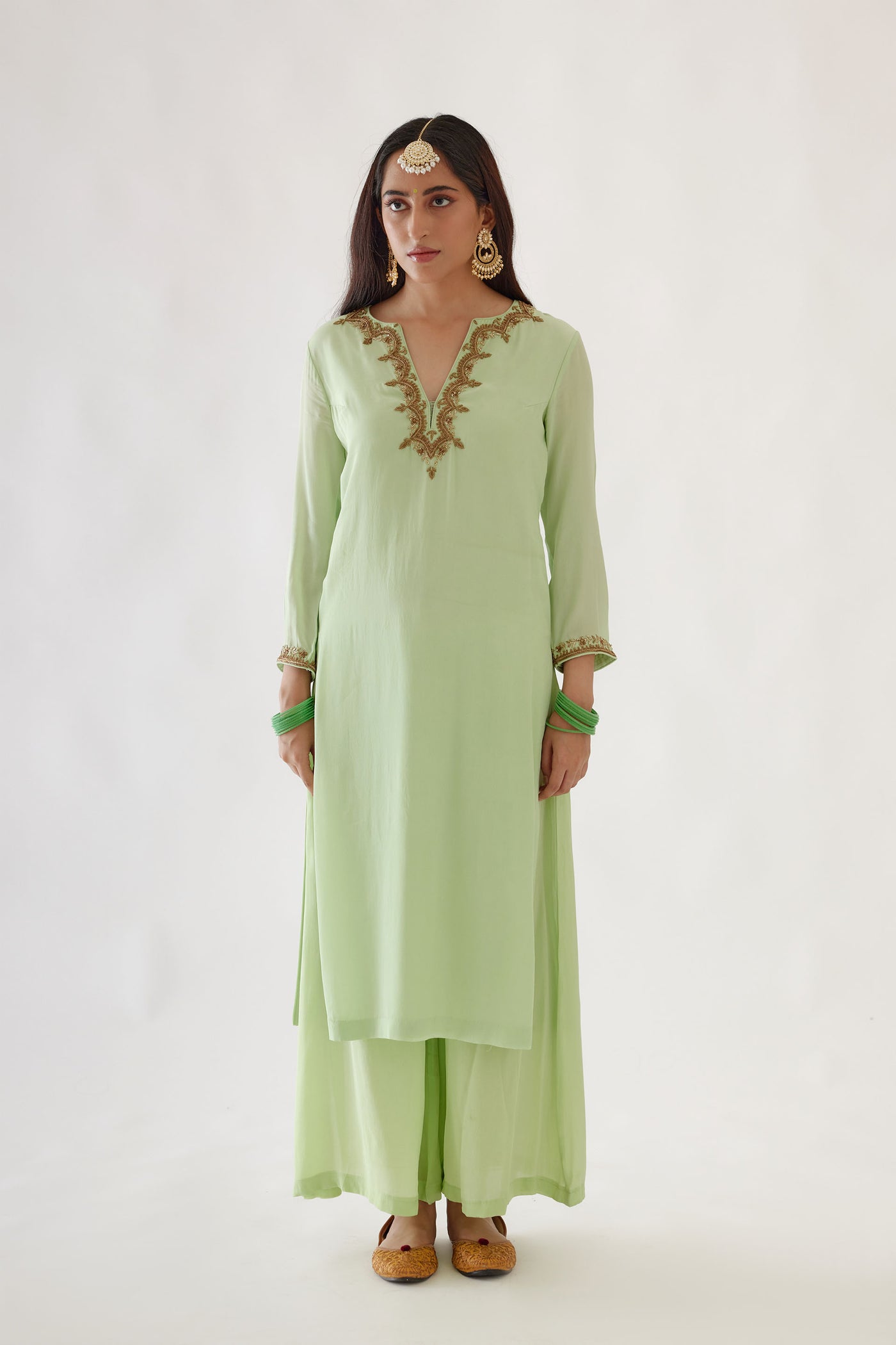 Nikasha Mint Green And Coral Embroidered Kurta Set mint green and red festive indian designer wear online shopping melange singapore
