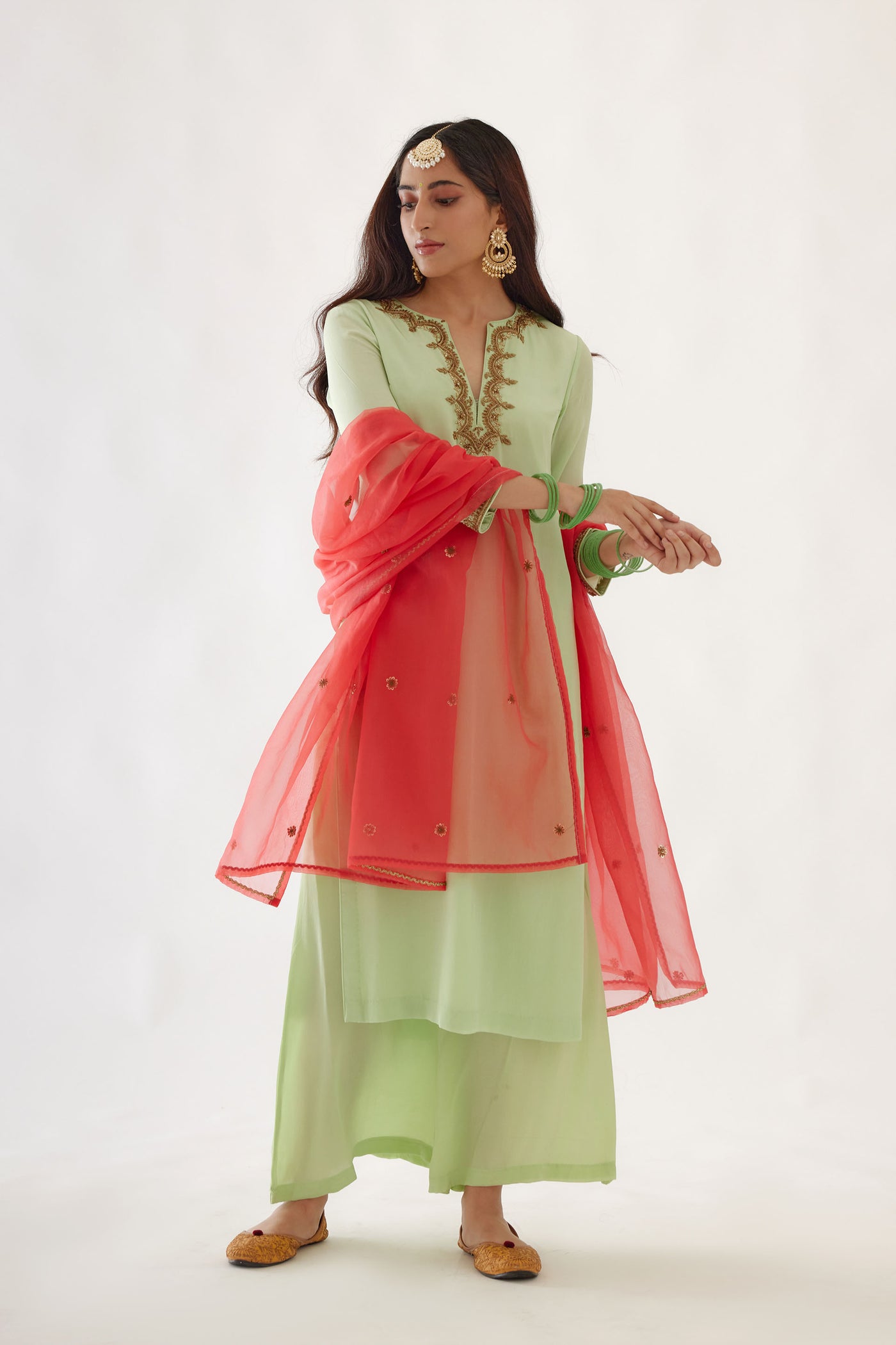 Nikasha Mint Green And Coral Embroidered Kurta Set mint green and red festive indian designer wear online shopping melange singapore