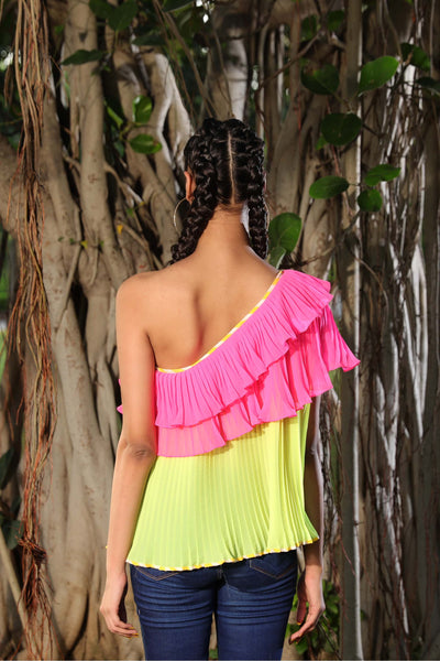 Nikasha Mithai Pink And Lime One Shoulder Pleated Top casual resort indian designer wear online shopping melange singapore