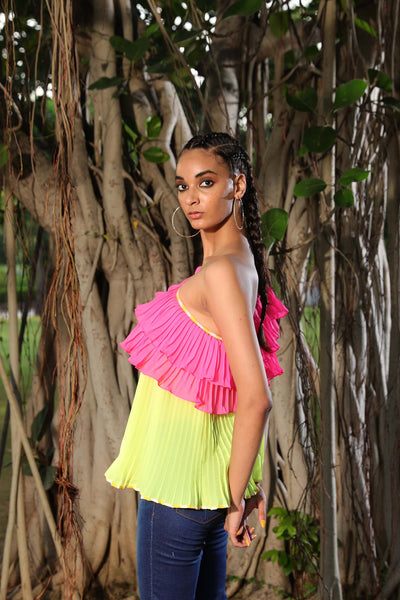 Nikasha Mithai Pink And Lime One Shoulder Pleated Top casual resort indian designer wear online shopping melange singapore