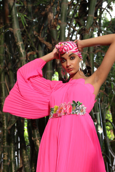 Nikasha Pink One Shoulder Pleated Georgette Dress casual resort indian designer wear online shopping melange singapore