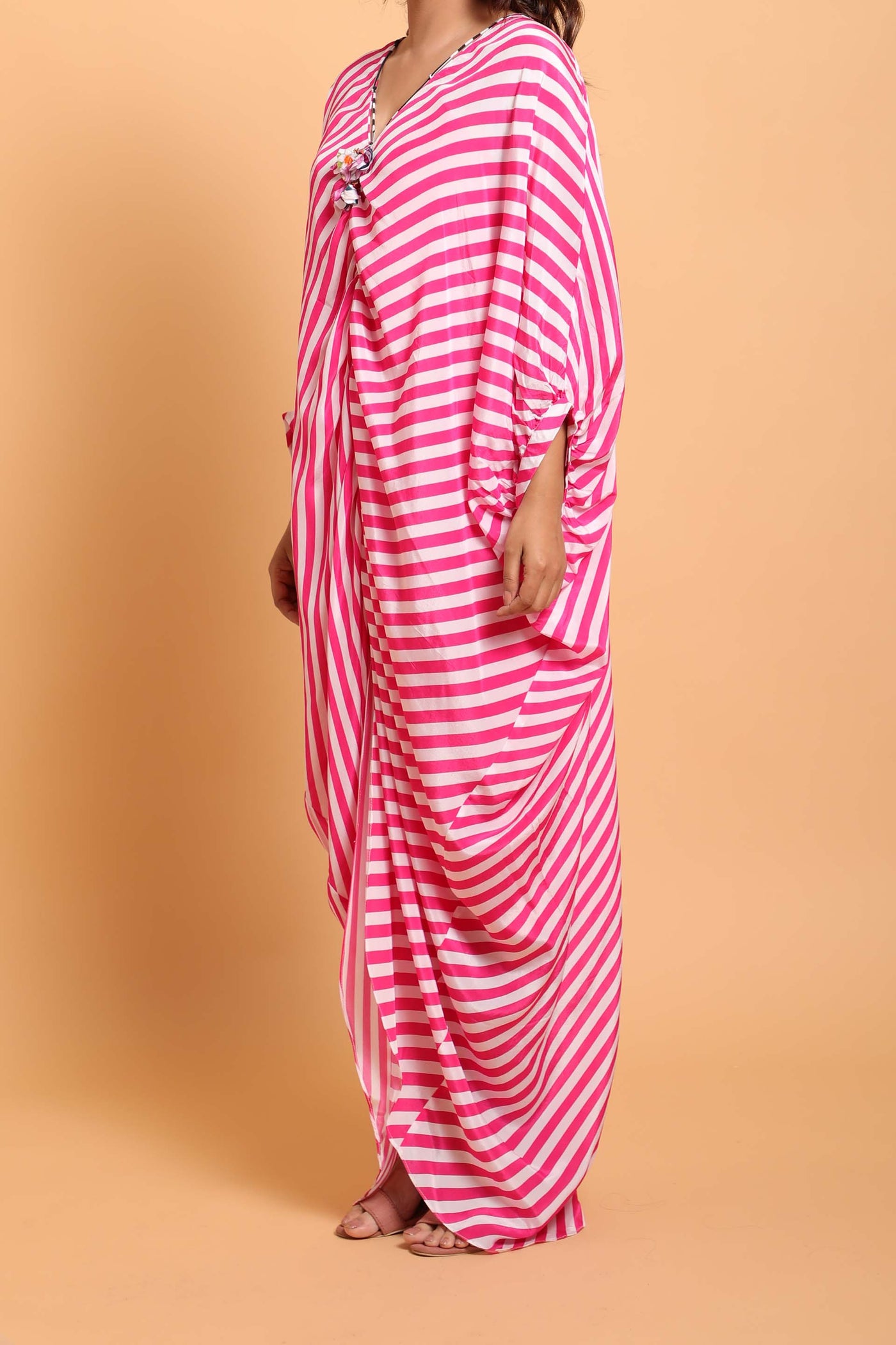 Nikasha Pink And White Leheriya Kaftan Dress fusion resort casual indian designer wear online shopping melange singapore