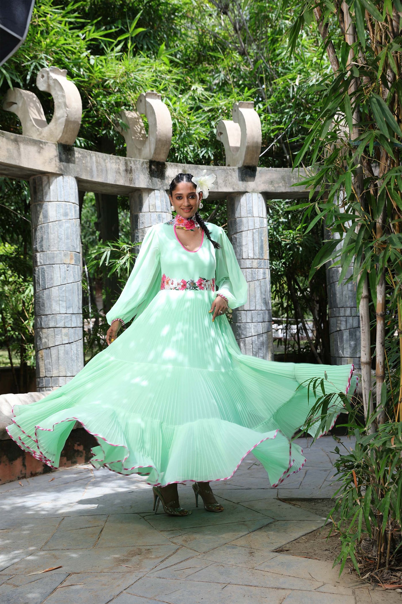 Nikasha Pista Green Pleated Embroidered Anarkali Set festive fusion indian designer wear online shopping melange singapore