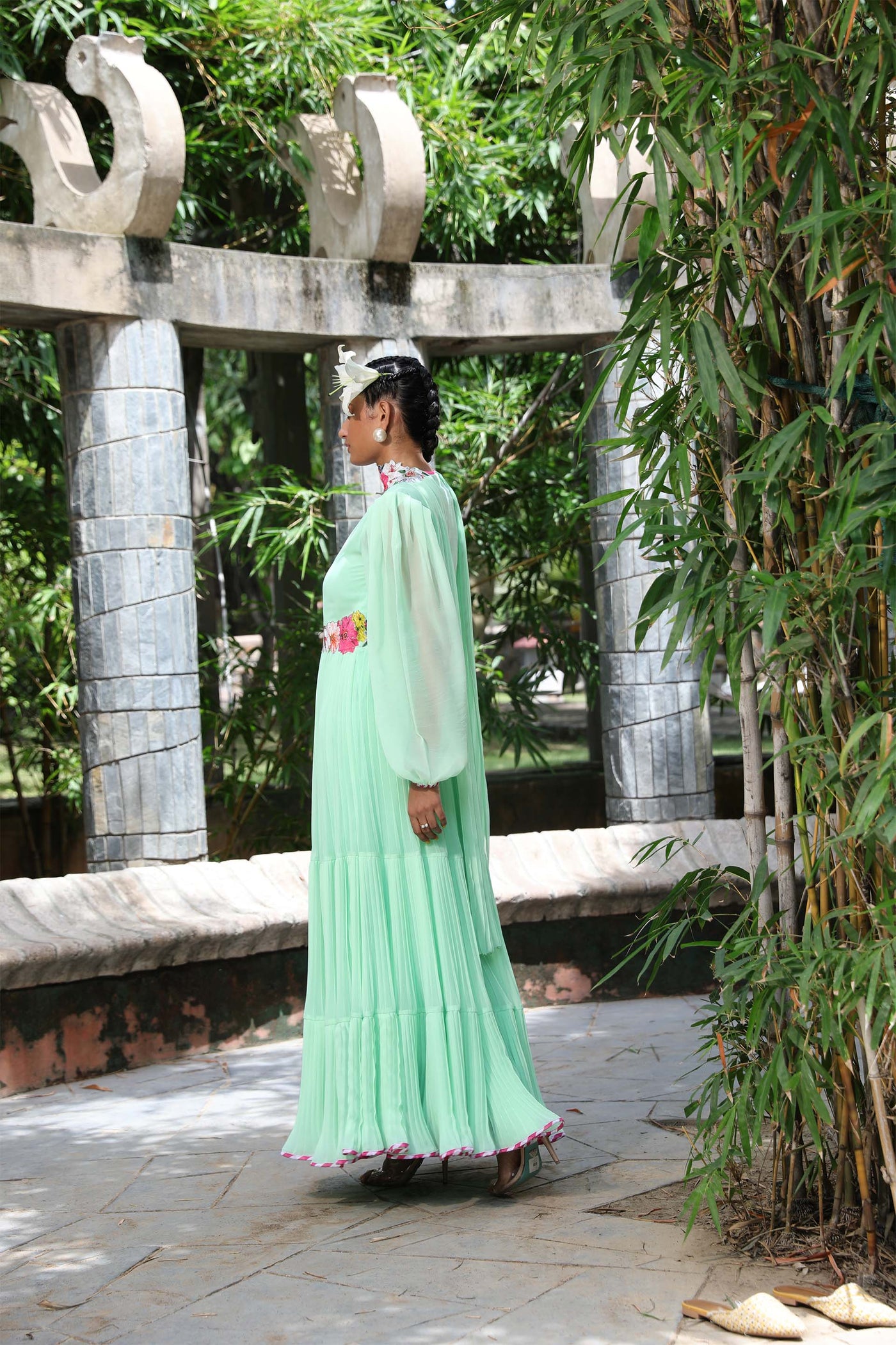 Nikasha Pista Green Pleated Embroidered Anarkali Set festive fusion indian designer wear online shopping melange singapore