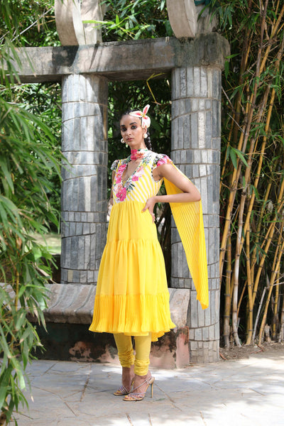 Nikasha Embroidered Anarkali With Churidar And Dupatta festive indian designer wear yellow online shopping melange singapore
