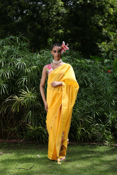 Nikasha Yellow Chanderi Saree With Printed Unstitched Blouse Fabric festive indian designer wear online shopping melange singapore