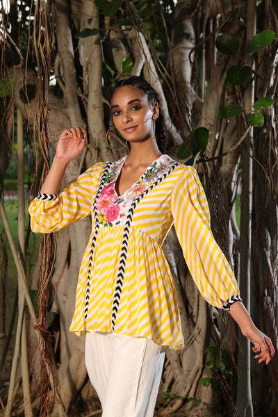 Nikasha Yellow Floral Embroidered Lehariya Cotton Top casual indian designer wear online shopping melange singapore