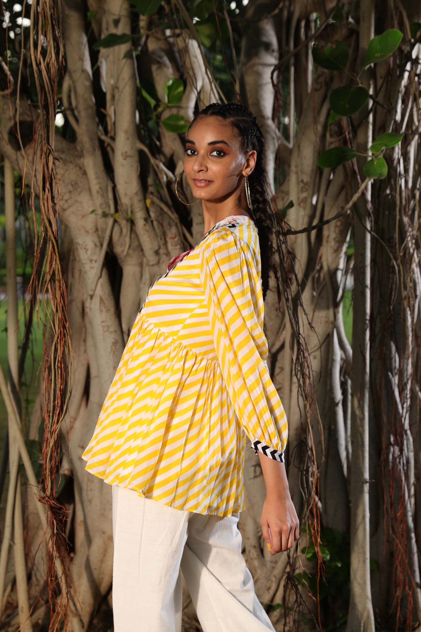 Nikasha Yellow Floral Embroidered Lehariya Cotton Top casual indian designer wear online shopping melange singapore