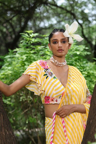 Nikasha Yellow Lehariya Saree Set with blouse festive indian designer wear online shopping melange singapore