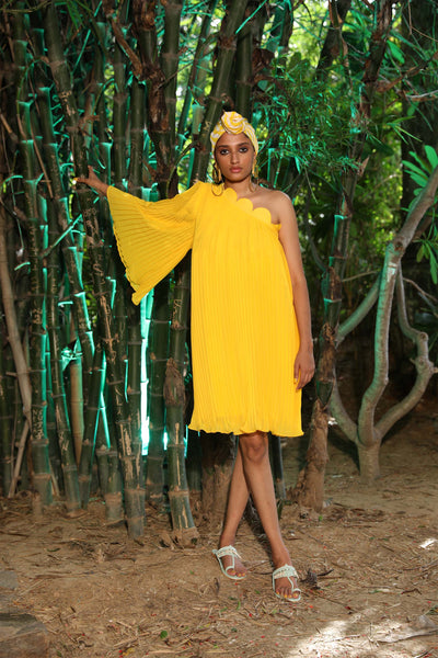 Nikasha Yellow One Shoulder Pleated Georgette Dress casual resort indian designer wear online shopping melange singapore