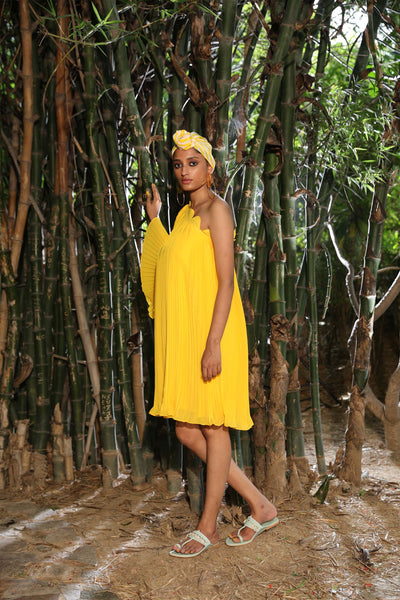 Nikasha Yellow One Shoulder Pleated Georgette Dress casual resort indian designer wear online shopping melange singapore