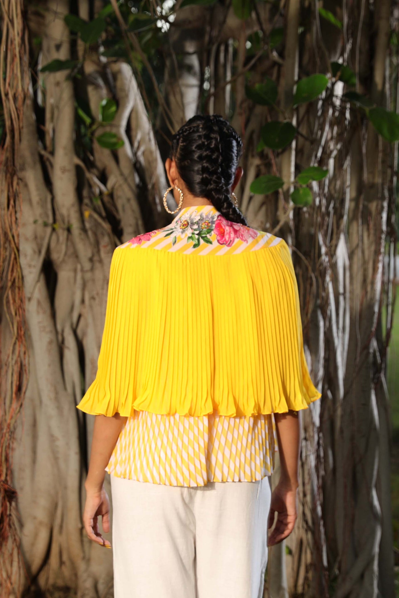 Nikasha Yellow Pleated Floral Cape With Lehariya Top casual indian designer wear online shopping melange singapore