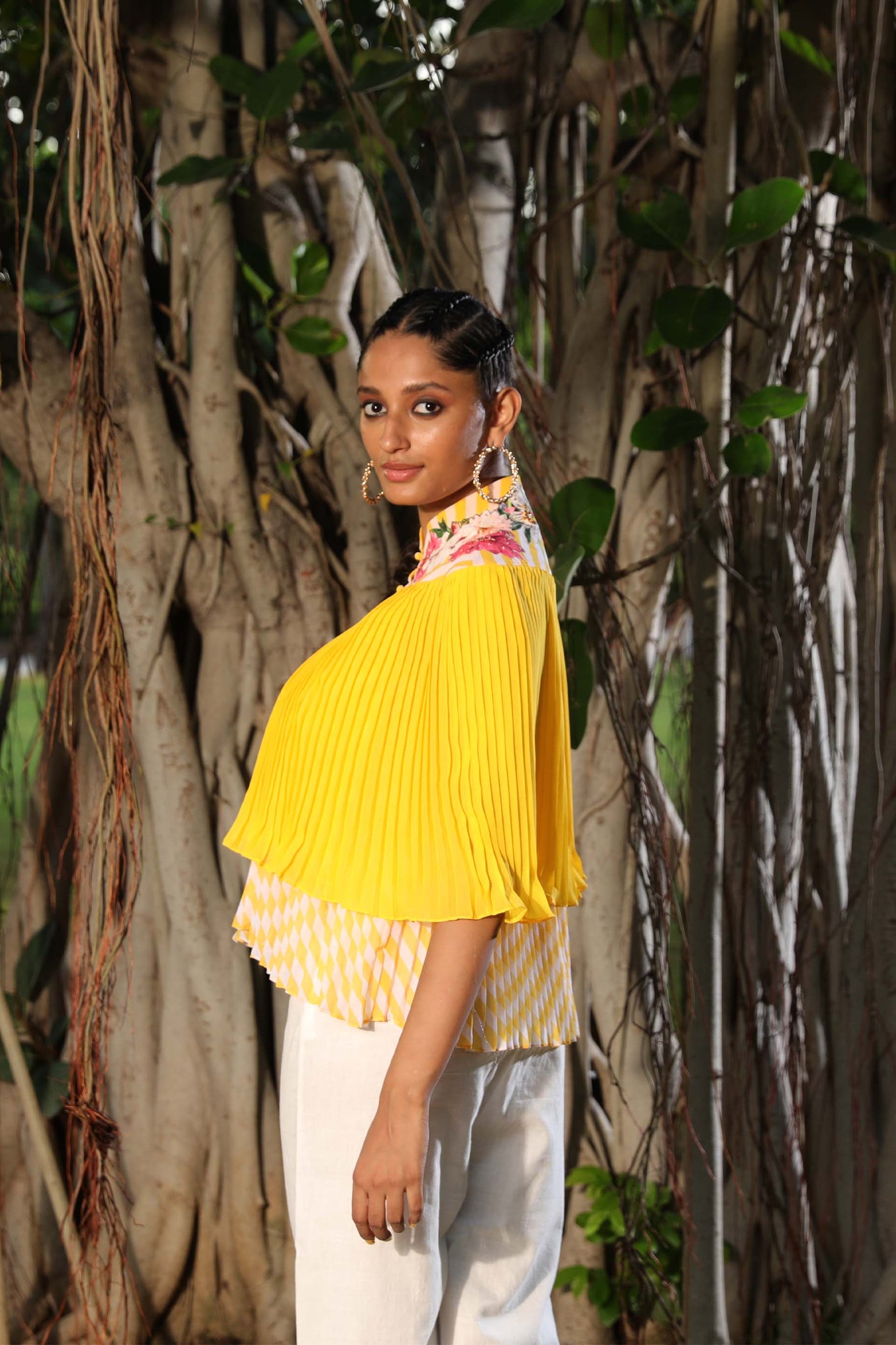 Nikasha Yellow Pleated Floral Cape With Lehariya Top casual indian designer wear online shopping melange singapore