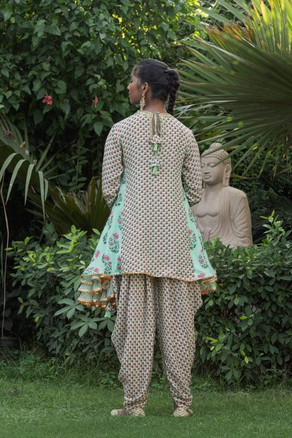 Pista And Pink Side Godet Tunic With Dhoti