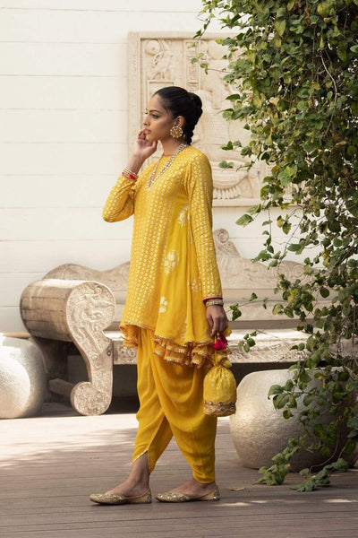 Yellow And Gold Side Godet Tunic With Dhoti