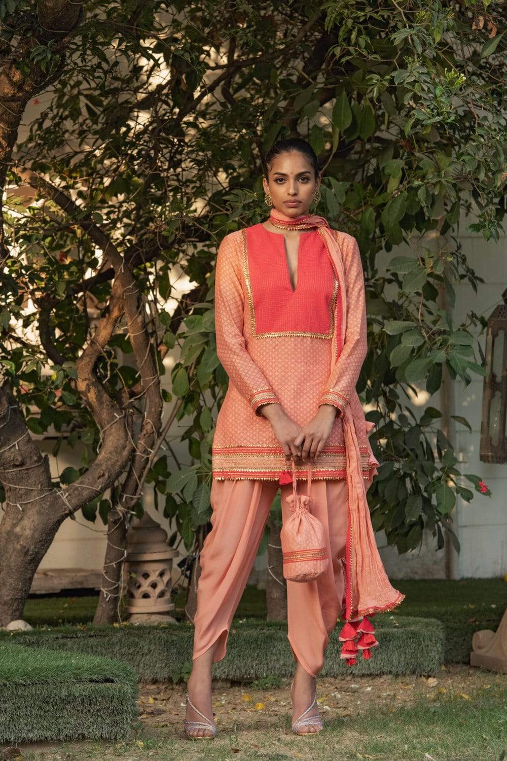Nikasha - Peach slit kurta with dhoti  - Melange Singapore - Indian Designer Wear Online Shopping