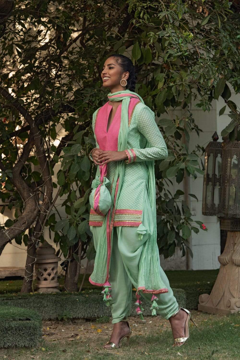 Pista Slit Kurta With Dhoti