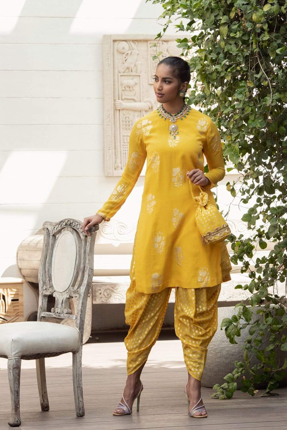 Nikasha - Yellow slit kurta with dhoti  - Melange Singapore - Indian Designer Wear Online Shopping
