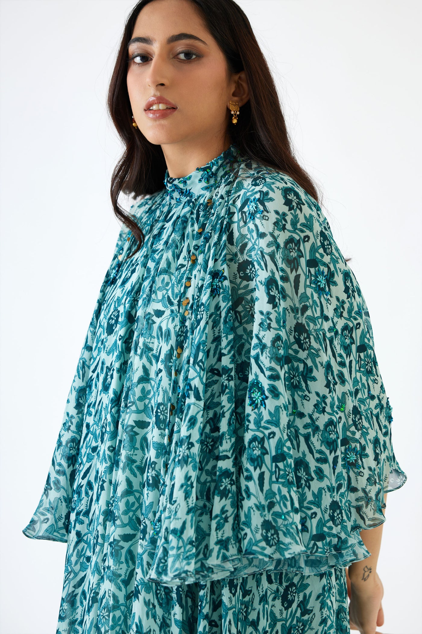 Nikasha Sea Blue And Turquiose Floral Printed Cape Dress Set blue festive indian designer wear online shopping melange singapore