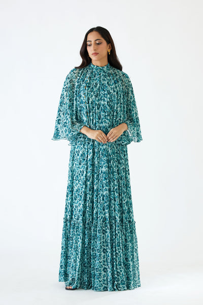 Nikasha Sea Blue And Turquiose Floral Printed Cape Dress Set blue festive indian designer wear online shopping melange singapore