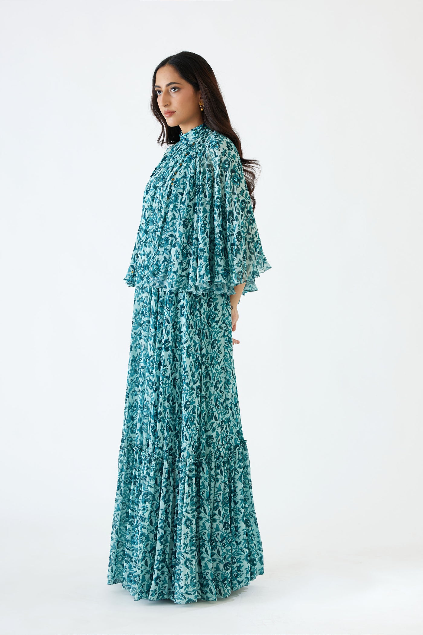 Nikasha Sea Blue And Turquiose Floral Printed Cape Dress Set blue festive indian designer wear online shopping melange singapore