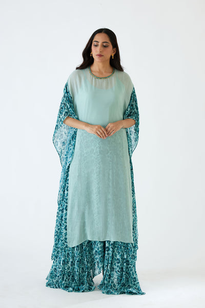 Nikasha Sea Blue and Turqoise Printed Asymmetric Tunic and Skirt Set blue festive indian designer wear online shopping melange singapore