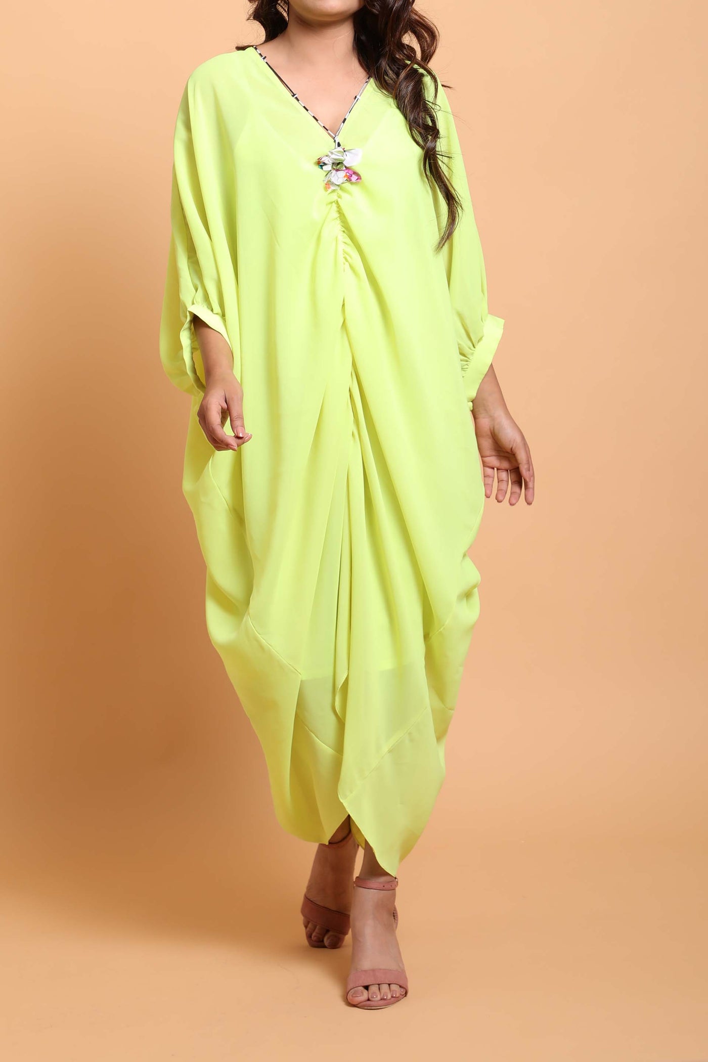 Nikasha Lime Hand Tassel Embroidered Kaftan fusion resort casual indian designer wear online shopping melange singapore