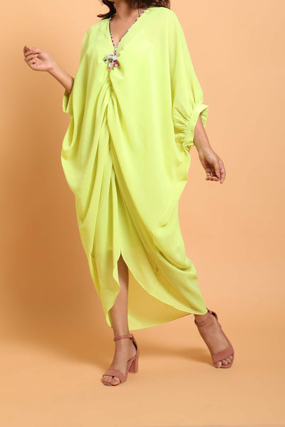 Nikasha Lime Hand Tassel Embroidered Kaftan fusion resort casual indian designer wear online shopping melange singapore