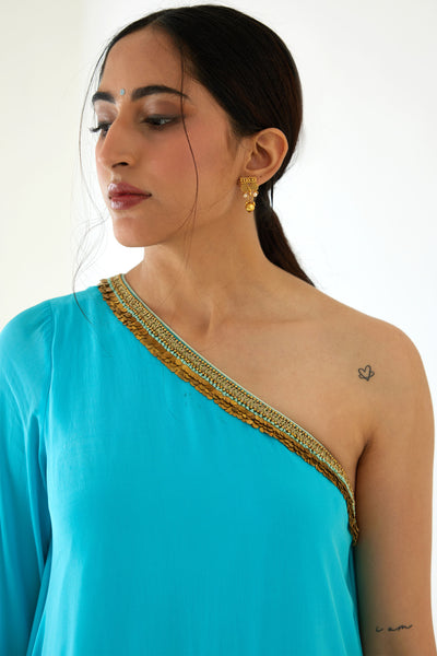 Nikasha Turquiose Assyemtrical Dress Set blue festive indian designer wear online shopping melange singapore