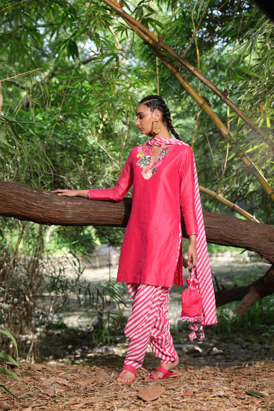 Nikasha Watermelon Pink Chanderi Kurta Set festive indian designer wear online shopping melange singapore
