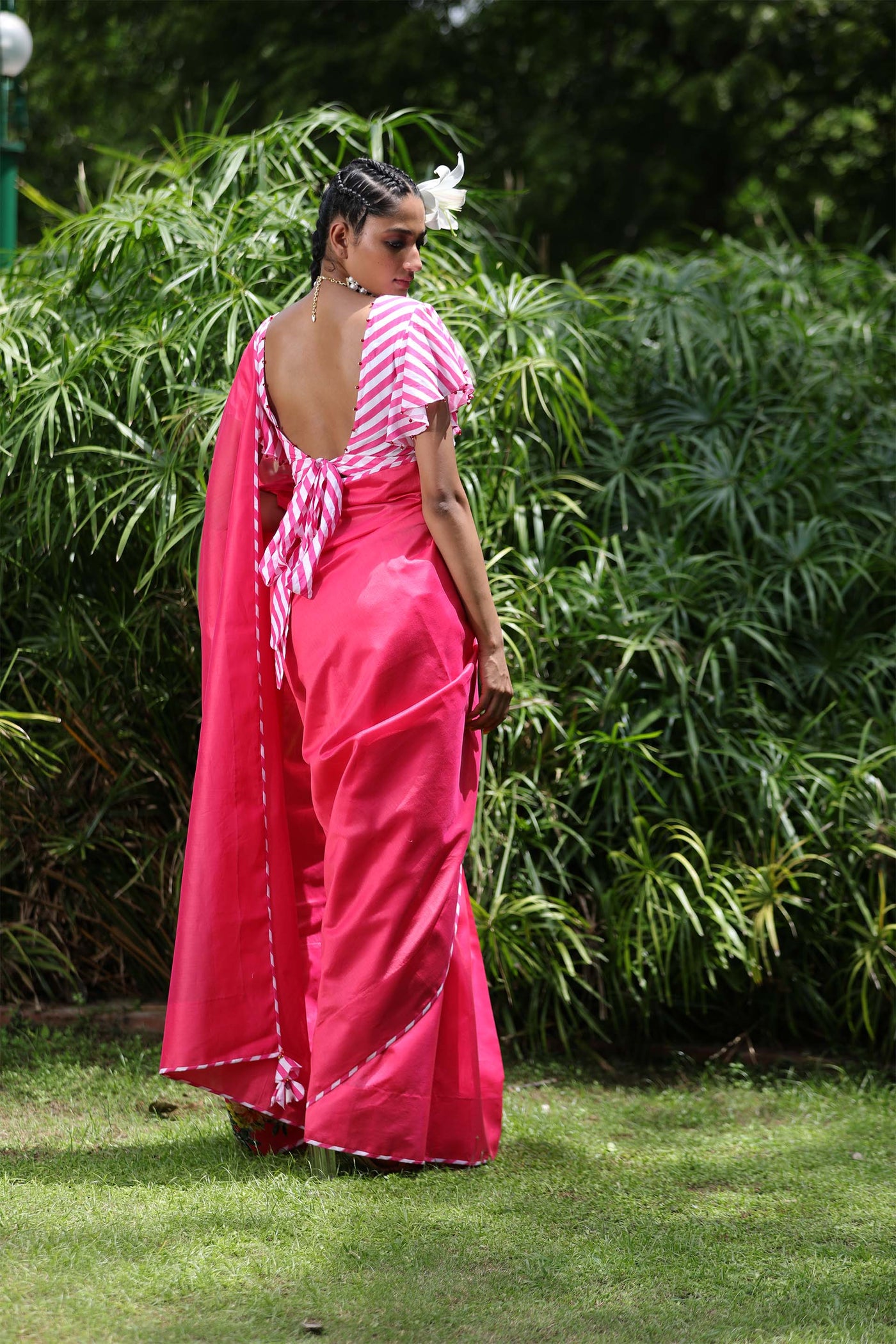 Nikasha Pink Chanderi Saree With Leheriya Unstitched Blouse Fabric festive indian designer wear online shopping melange singapore