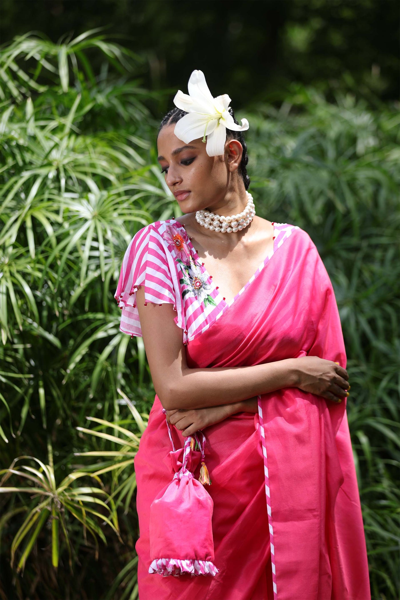 Nikasha Pink Chanderi Saree With Leheriya Unstitched Blouse Fabric festive indian designer wear online shopping melange singapore