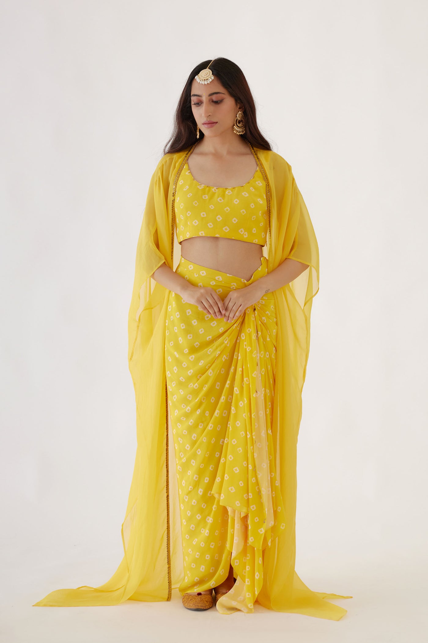 Nikasha Yellow Bandani Print Drape Skirt Set festive indian designer wear online shopping melange singapore