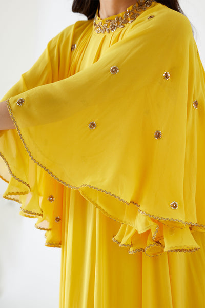 Nikasha Yellow Embroidered Cape Dress festive indian designer wear online shopping melange singapore